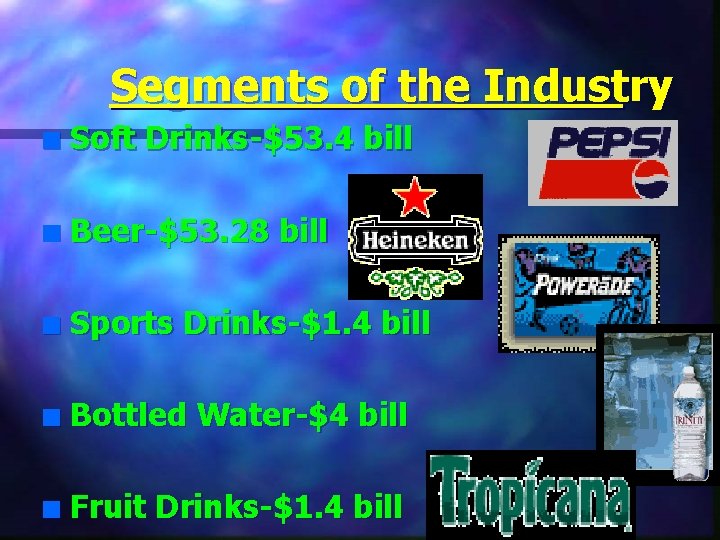 Segments of the Industry n Soft Drinks-$53. 4 bill n Beer-$53. 28 bill n