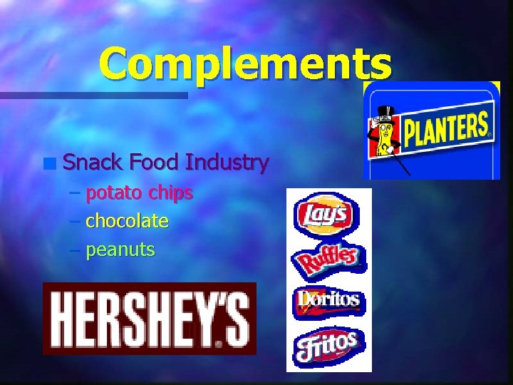 Complements n Snack Food Industry – potato chips – chocolate – peanuts 