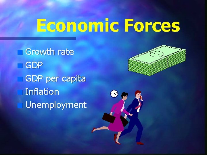 Economic Forces Growth rate n GDP per capita n Inflation n Unemployment n 