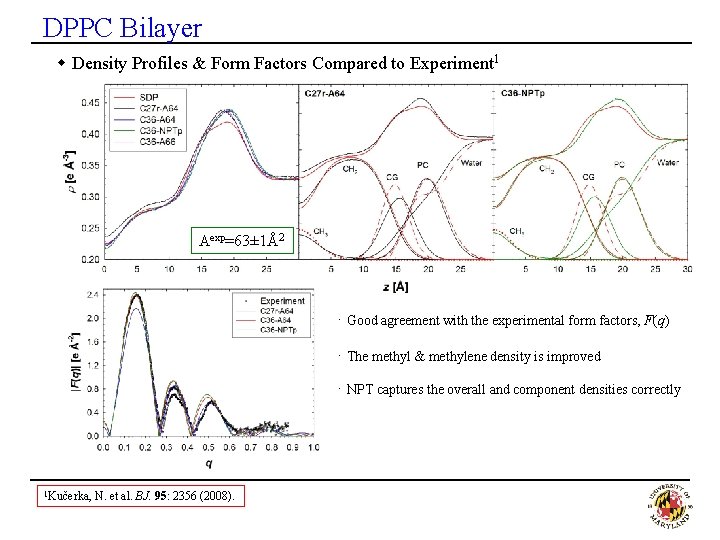 DPPC Bilayer w Density Profiles & Form Factors Compared to Experiment 1 Aexp=63± 1Å2