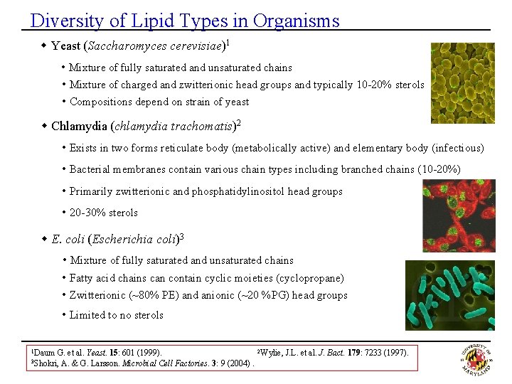 Diversity of Lipid Types in Organisms w Yeast (Saccharomyces cerevisiae)1 • Mixture of fully