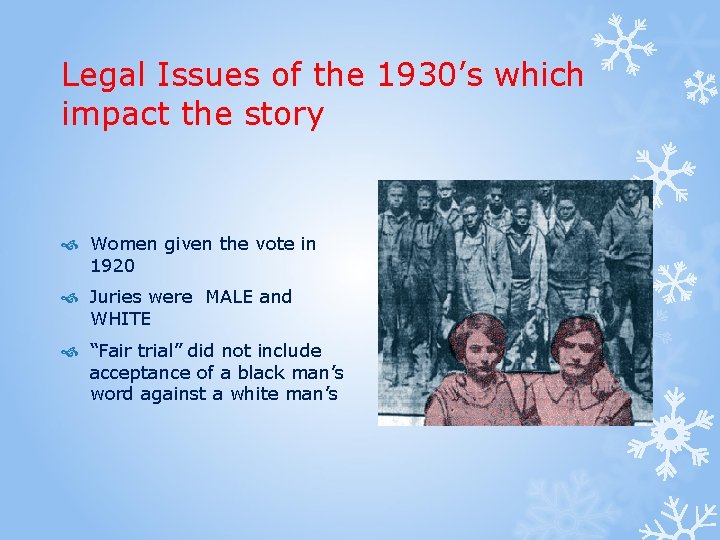 Legal Issues of the 1930’s which impact the story Women given the vote in