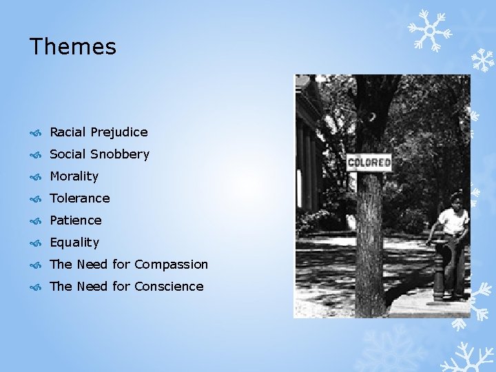 Themes Racial Prejudice Social Snobbery Morality Tolerance Patience Equality The Need for Compassion The