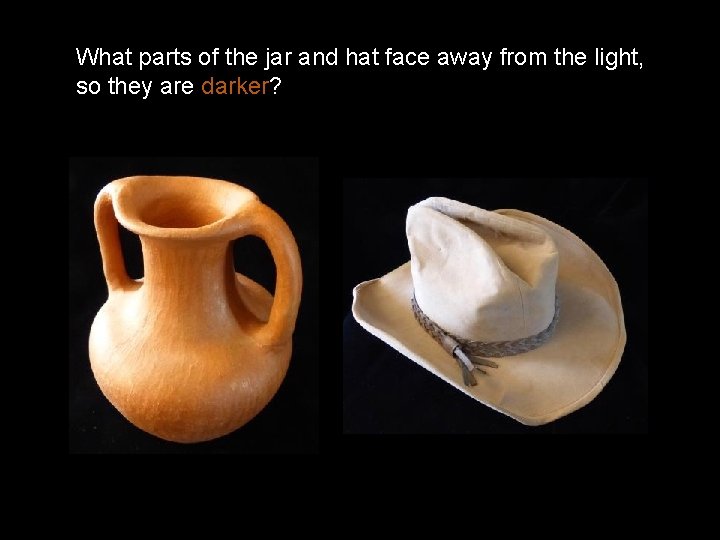 What parts of the jar and hat face away from the light, so they