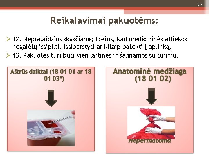 22 Reikalavimai pakuotėms: 12. Nepralaidžios skysčiams; tokios, kad medicininės atliekos negalėtų išsipilti, išsibarstyti ar