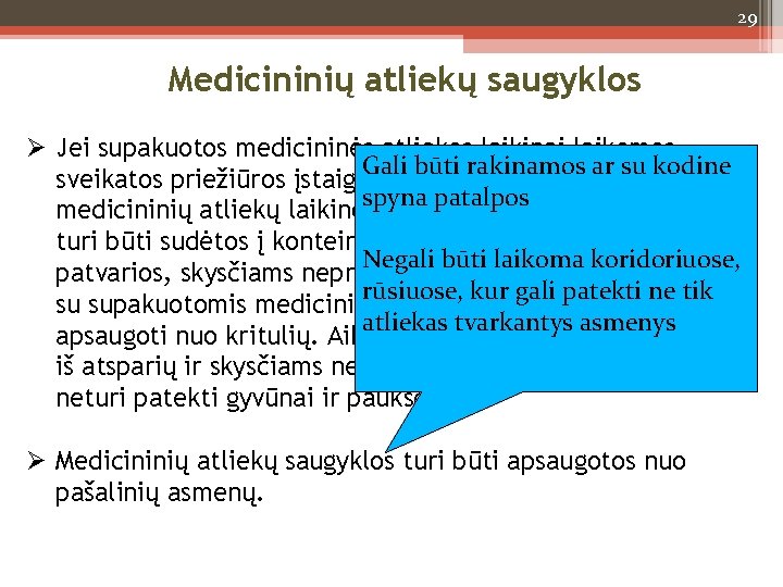 29 Medicininių atliekų saugyklos Jei supakuotos medicininės atliekos laikinai laikomos Gali būti rakinamos ar