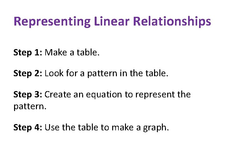 Representing Linear Relationships Step 1: Make a table. Step 2: Look for a pattern