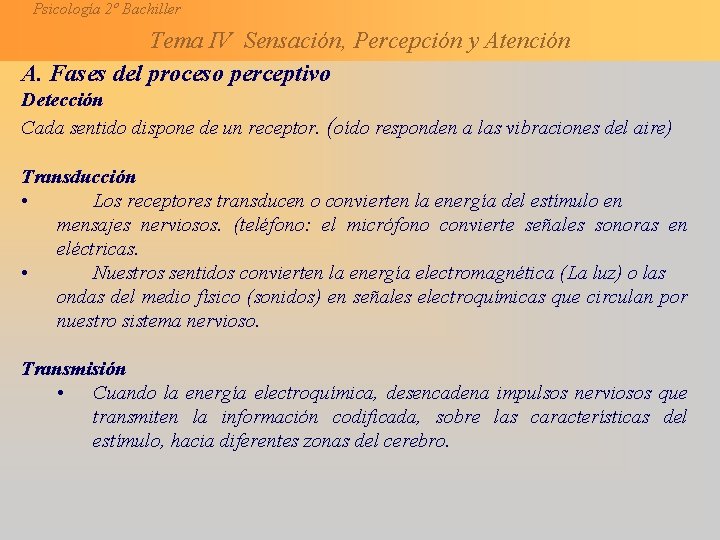 Psicología 2º Bachiller Tema IV Sensación, Percepción y Atención A. Fases del proceso perceptivo