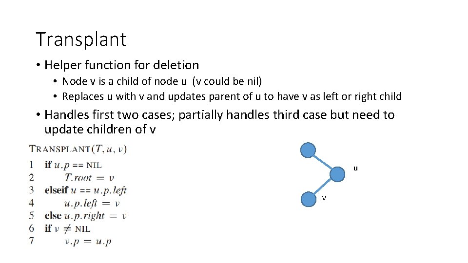 Transplant • Helper function for deletion • Node v is a child of node Transplant • Helper function for deletion • Node v is a child of node