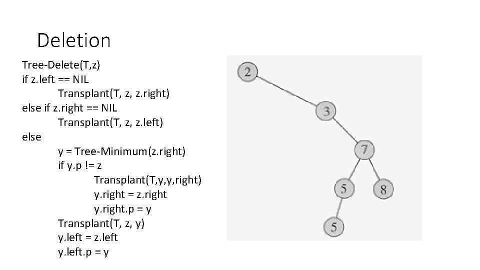 Deletion Tree-Delete(T, z) if z. left == NIL Transplant(T, z, z. right) else if