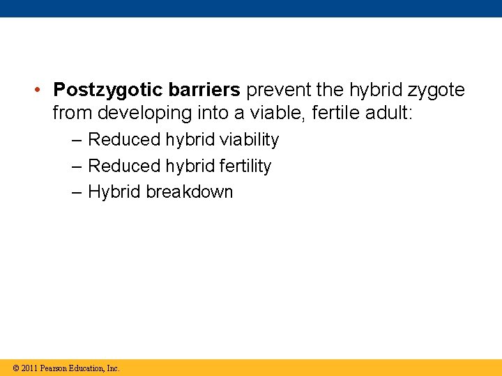  • Postzygotic barriers prevent the hybrid zygote from developing into a viable, fertile