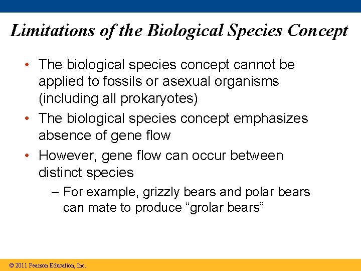 Limitations of the Biological Species Concept • The biological species concept cannot be applied
