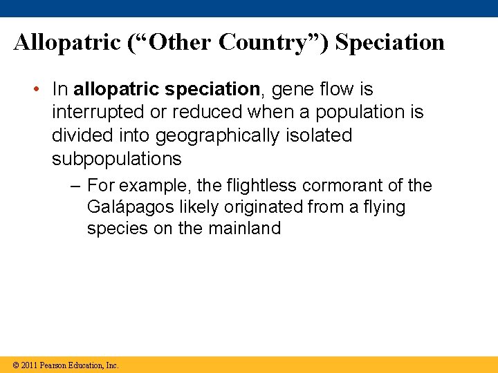 Allopatric (“Other Country”) Speciation • In allopatric speciation, gene flow is interrupted or reduced