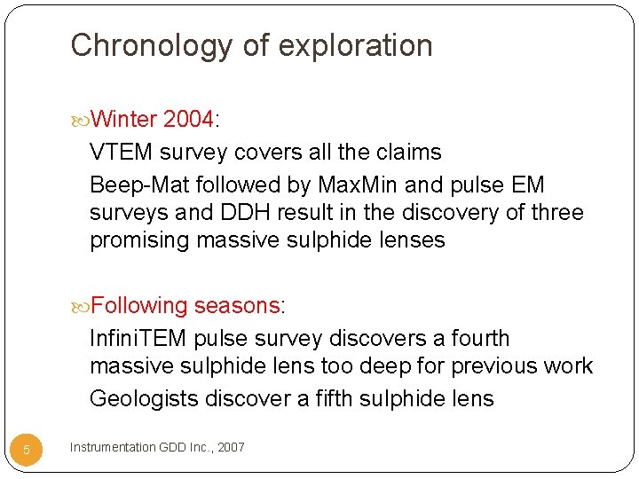 Chronology of exploration Winter 2004: VTEM survey covers all the claims Beep-Mat followed by