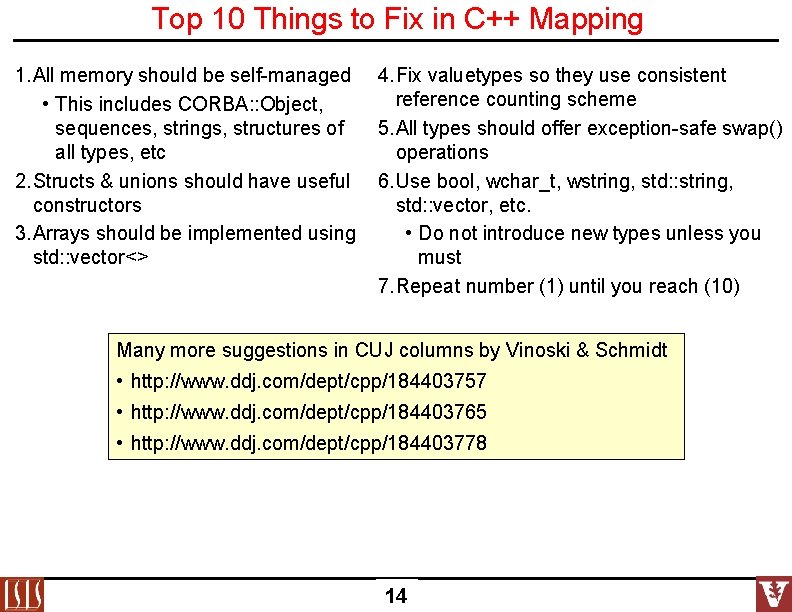 Top 10 Things to Fix in C++ Mapping 1. All memory should be self-managed Top 10 Things to Fix in C++ Mapping 1. All memory should be self-managed