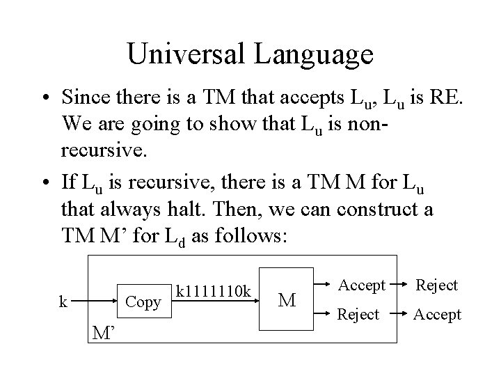Universal Language • Since there is a TM that accepts Lu, Lu is RE.