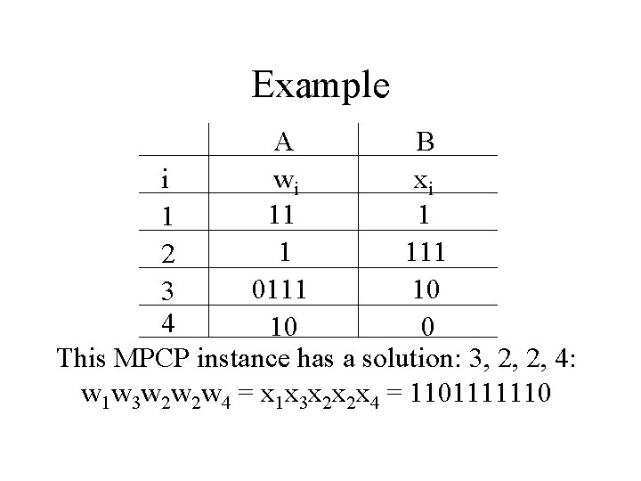 Example A B i wi xi 11 1 111 2 0111 10 3 4