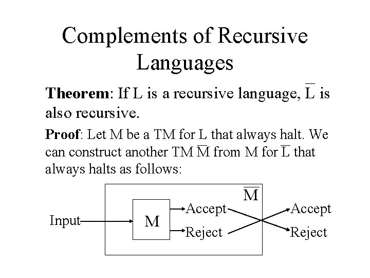 Complements of Recursive Languages Theorem: If L is a recursive language, L is also