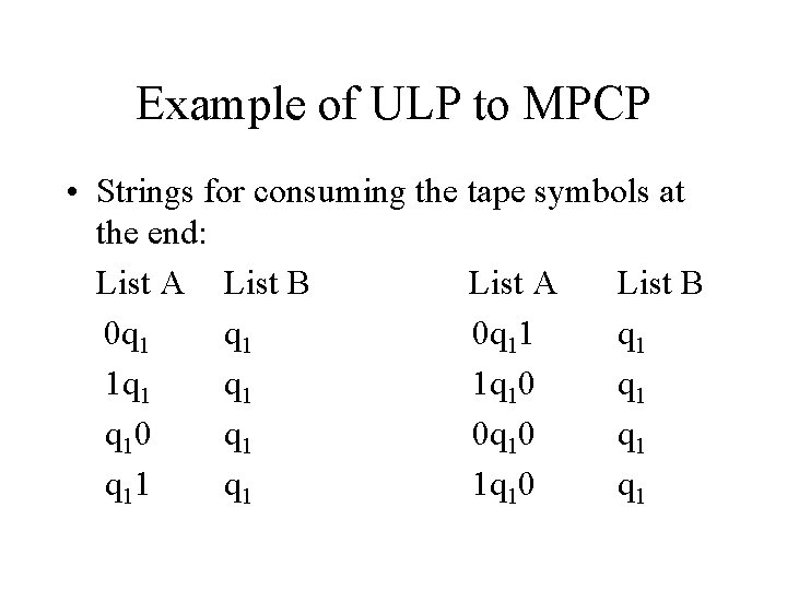 Example of ULP to MPCP • Strings for consuming the tape symbols at the