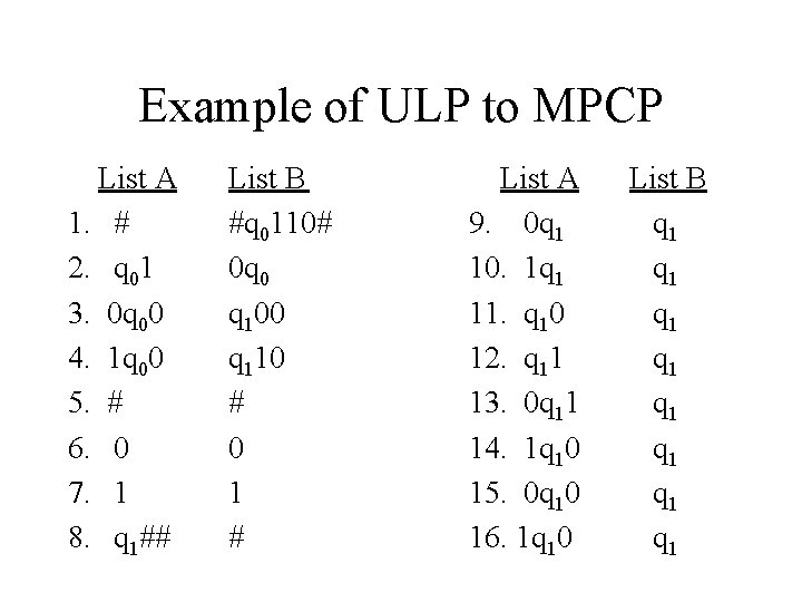 Example of ULP to MPCP List A 1. # 2. q 01 3. 0