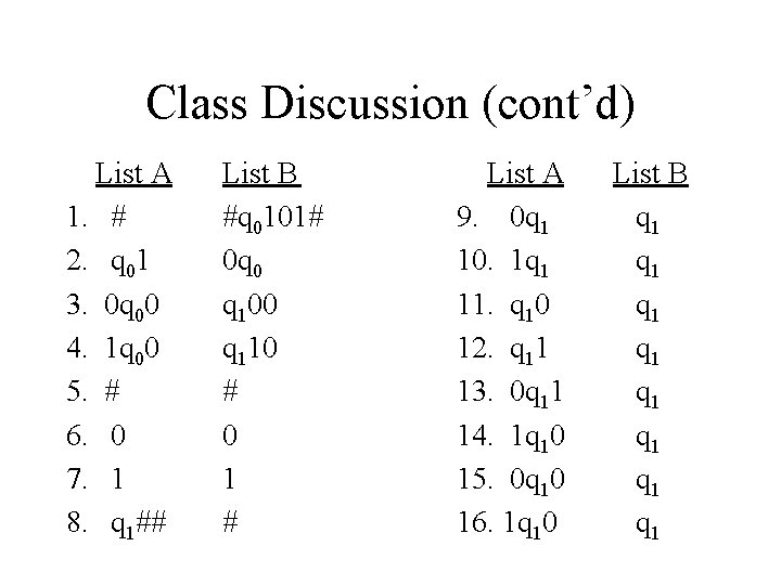 Class Discussion (cont’d) List A 1. # 2. q 01 3. 0 q 00