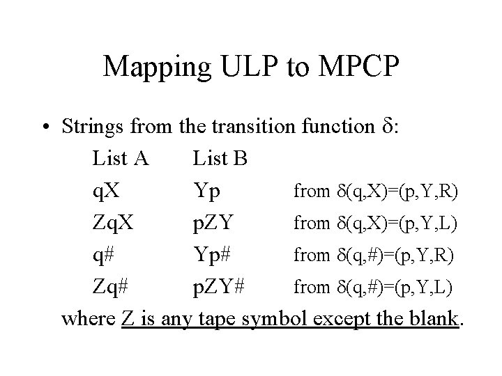 Mapping ULP to MPCP • Strings from the transition function : List A List