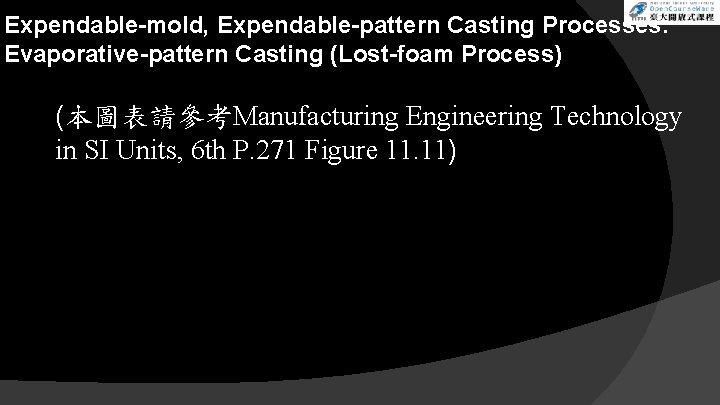 Expendable-mold, Expendable-pattern Casting Processes: Evaporative-pattern Casting (Lost-foam Process) (本圖表請參考Manufacturing Engineering Technology in SI Units,