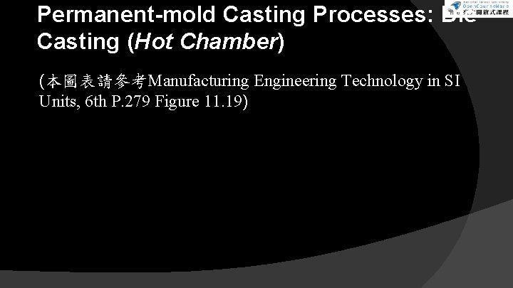 Permanent-mold Casting Processes: Die Casting (Hot Chamber) (本圖表請參考Manufacturing Engineering Technology in SI Units, 6