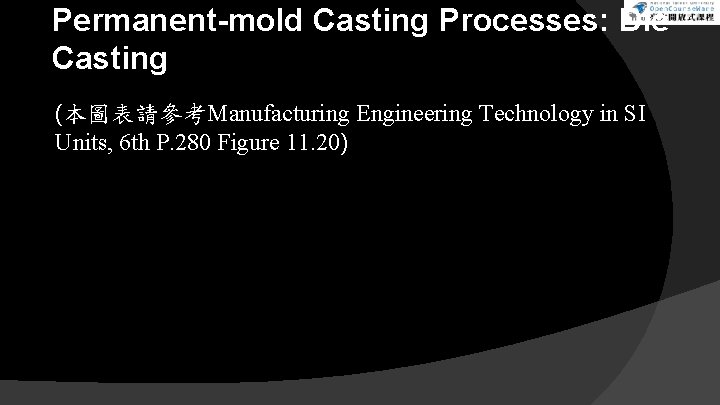 Permanent-mold Casting Processes: Die Casting (本圖表請參考Manufacturing Engineering Technology in SI Units, 6 th P.