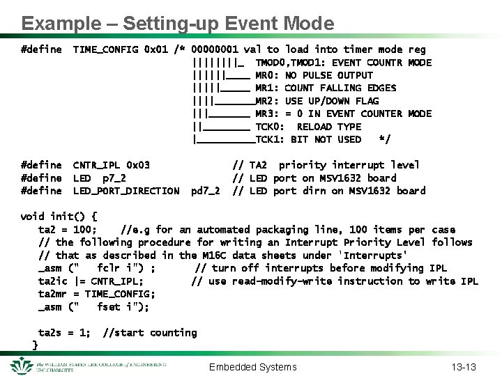 Example – Setting-up Event Mode #define TIME_CONFIG 0 x 01 /* 00000001 val to