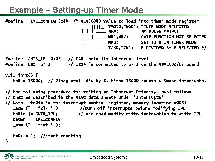 Example – Setting-up Timer Mode #define TIME_CONFIG 0 x 40 #define CNTR_IPL 0 x