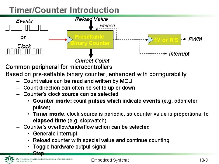 Timer/Counter Introduction Events Reload Value or Presettable Binary Counter Clock Reload ÷ 2 or