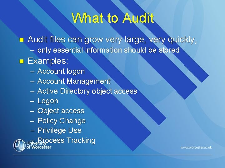 What to Audit n Audit files can grow very large, very quickly, – only