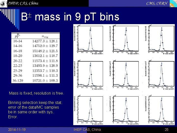 B mass in 9 p. T bins Mass is fixed, resolution is free. Binning