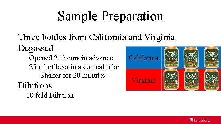 Sample Preparation Three bottles from California and Virginia Degassed Opened 24 hours in advance
