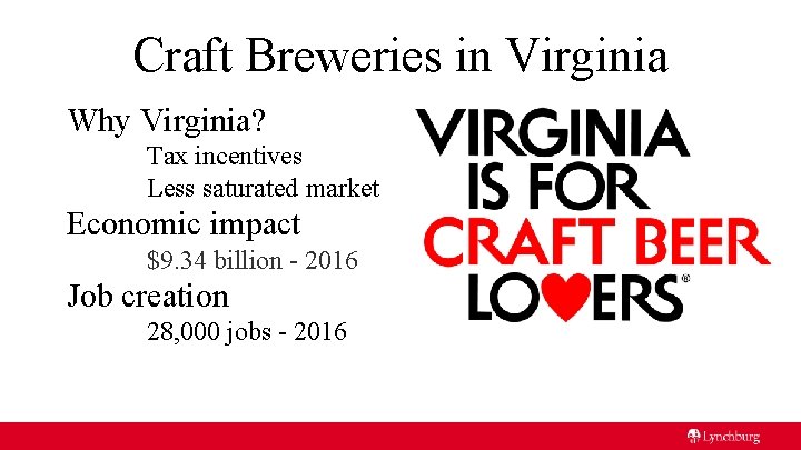 Craft Breweries in Virginia Why Virginia? Tax incentives Less saturated market Economic impact $9.