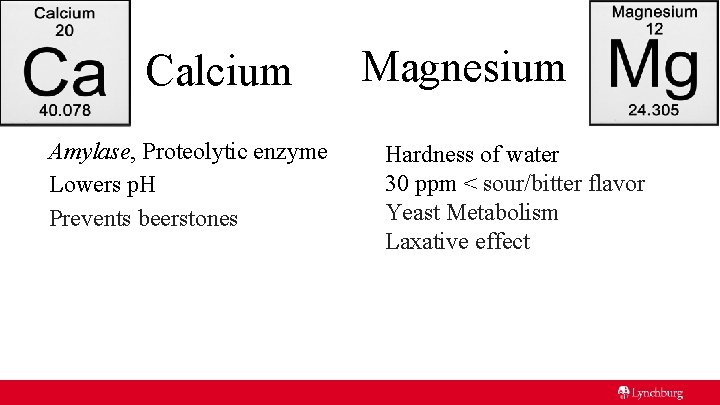 Calcium Amylase, Proteolytic enzyme Lowers p. H Prevents beerstones Magnesium Hardness of water 30
