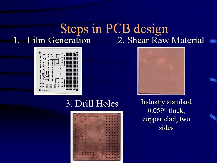 Steps in PCB design 1. Film Generation 2. Shear Raw Material 3. Drill Holes
