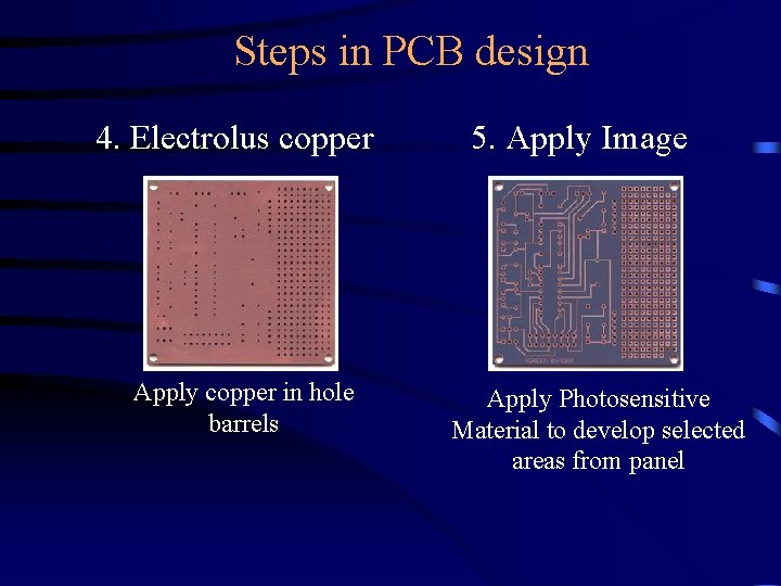 Steps in PCB design 4. Electrolus copper Apply copper in hole barrels 5. Apply