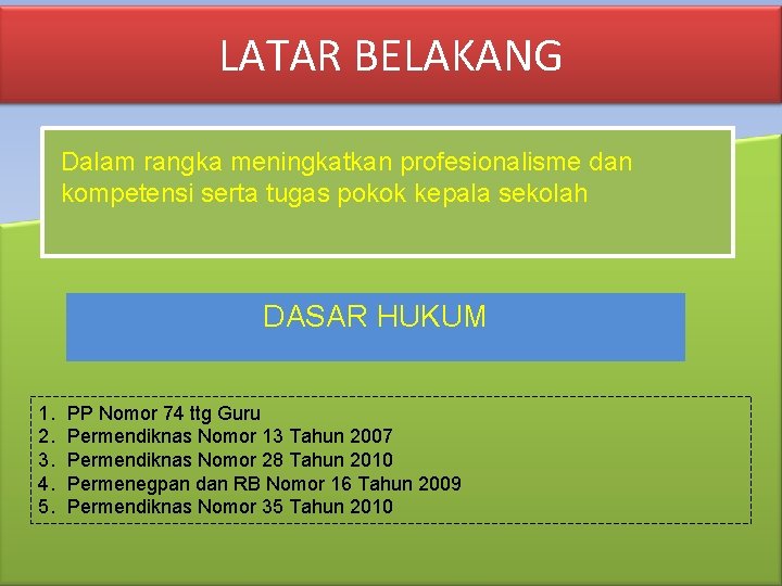 LATAR BELAKANG Dalam rangka meningkatkan profesionalisme dan kompetensi serta tugas pokok kepala sekolah DASAR