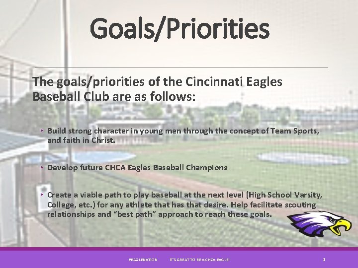 Goals/Priorities The goals/priorities of the Cincinnati Eagles Baseball Club are as follows: • Build