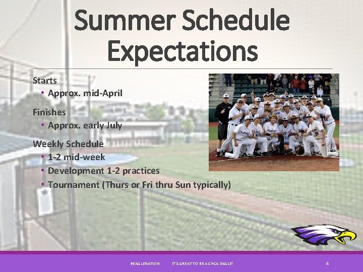 Summer Schedule Expectations Starts • Approx. mid-April Finishes • Approx. early July Weekly Schedule