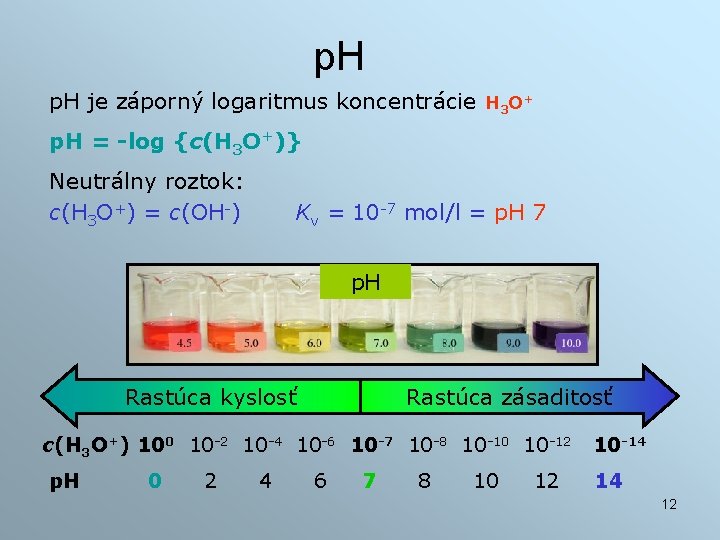 p. H je záporný logaritmus koncentrácie H 3 O+ p. H = -log {c(H