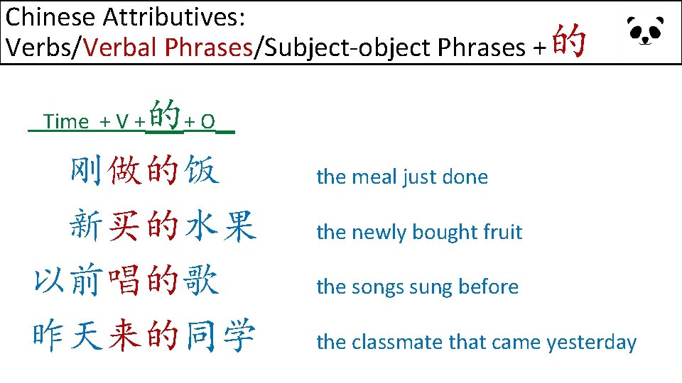 Chinese Attributives: Verbs/Verbal Phrases/Subject-object Phrases +的 的+ O 刚做的饭 新买的水果 以前唱的歌 昨天来的同学 Time +