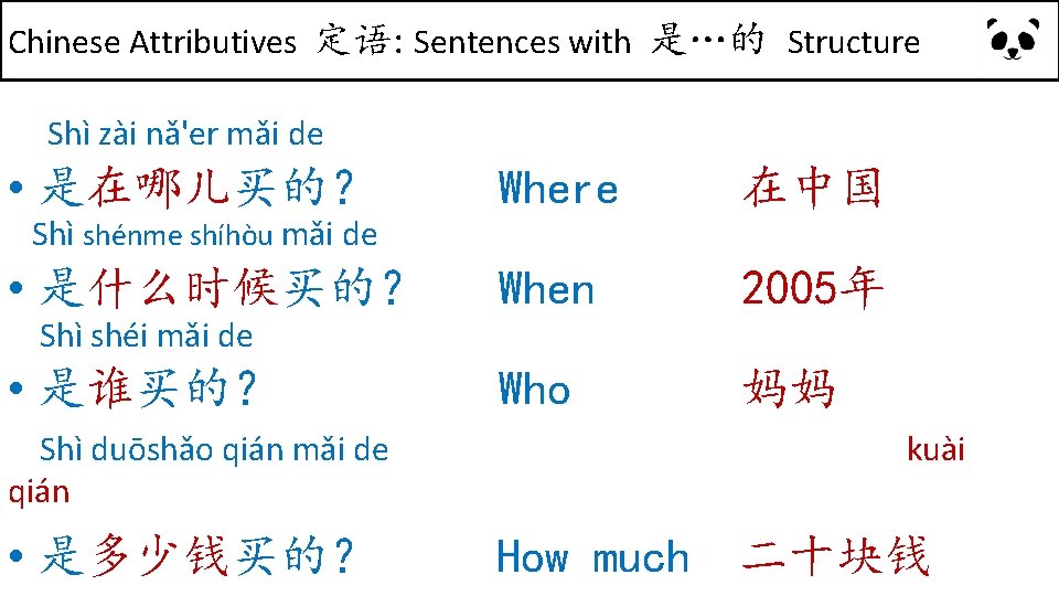 Chinese Attributives 定语: Sentences with 是…的 Structure Shì zài nǎ'er mǎi de • 是在哪儿买的？