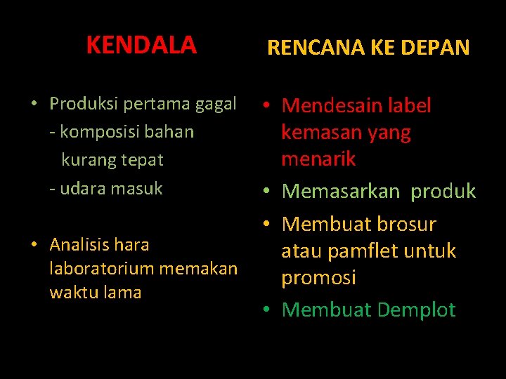 KENDALA • Produksi pertama gagal - komposisi bahan kurang tepat - udara masuk •