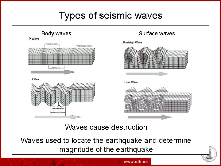 Types of seismic waves Body waves Surface waves Waves cause destruction Waves used to