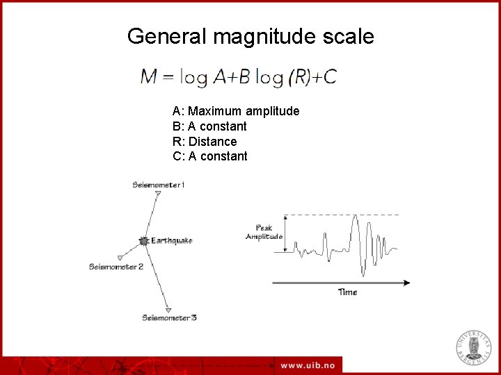 General magnitude scale A: Maximum amplitude B: A constant R: Distance C: A constant