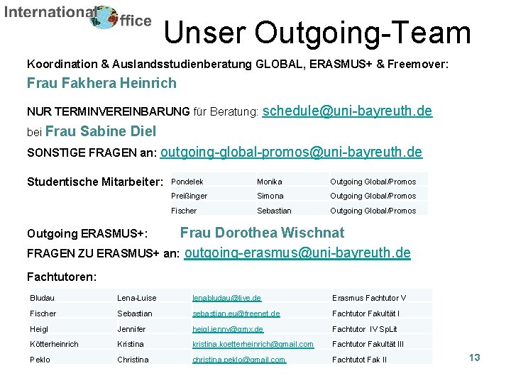 Unser Outgoing-Team Koordination & Auslandsstudienberatung GLOBAL, ERASMUS+ & Freemover: Frau Fakhera Heinrich NUR TERMINVEREINBARUNG