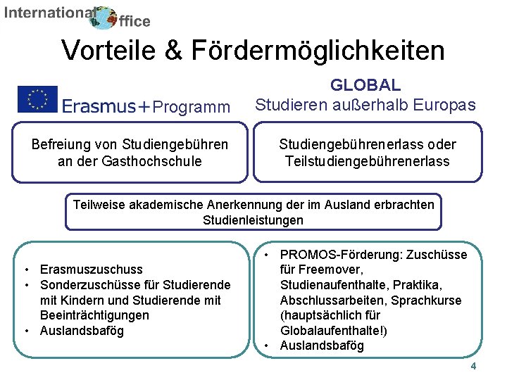 Vorteile & Fördermöglichkeiten Programm Befreiung von Studiengebühren an der Gasthochschule GLOBAL Studieren außerhalb Europas